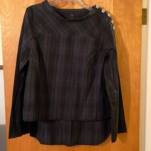 J Crew jewel funnel neck tartan top